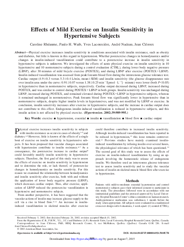 (PDF) Effects of mild exercise on insulin sensitivity in hypertensive ...