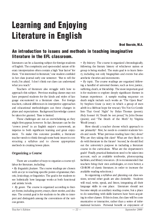 (PDF) Learning and Enjoying Literature in English Bradley Baurain