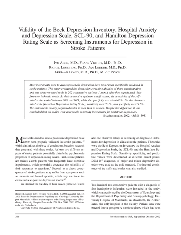 (PDF) Validity of the beck depression inventory, hospital anxiety and ...