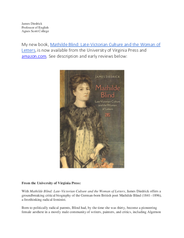 (PDF) James Diedrick Mathilde Blind Late Victorian Culture and the ...