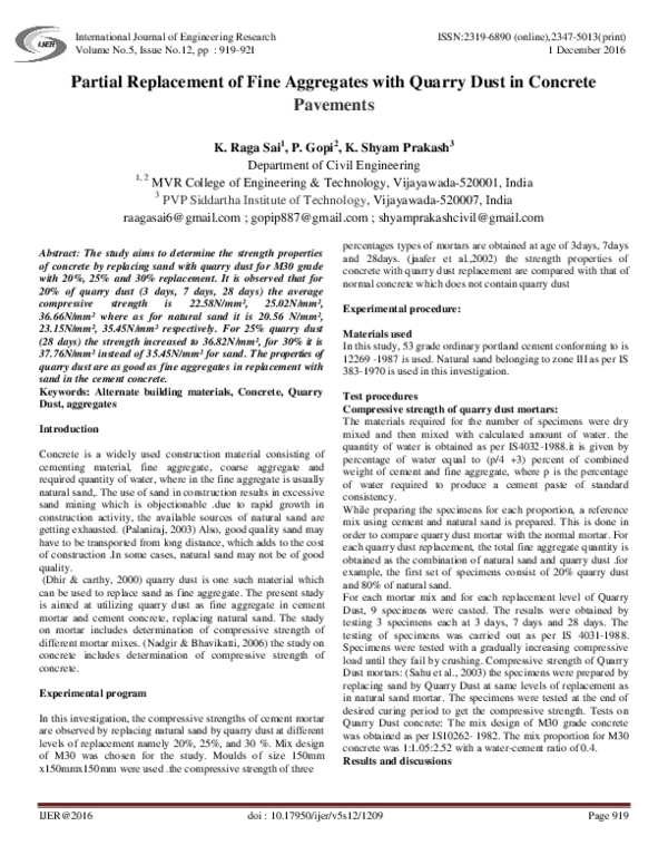 (PDF) Partial Replacement of Fine Aggregates with Quarry Dust in ...
