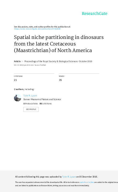 (PDF) Spatial niche partitioning in dinosaurs from the latest
