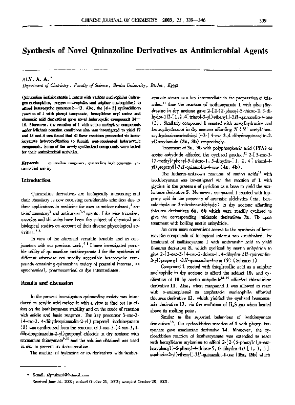 (PDF) Synthesis of Novel Quinazoline Derivatives as Antimicrobial Agents