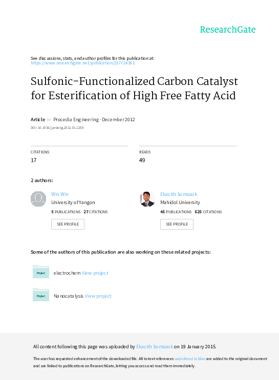 (PDF) SulfonicFunctionalized Carbon Catalyst for Esterification of