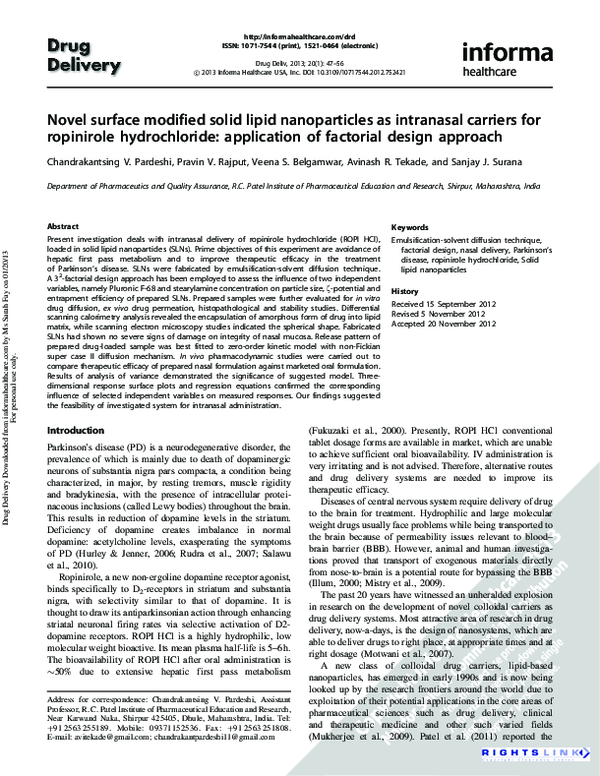 (PDF) Novel surface modified solid lipid nanoparticles as intranasal ...