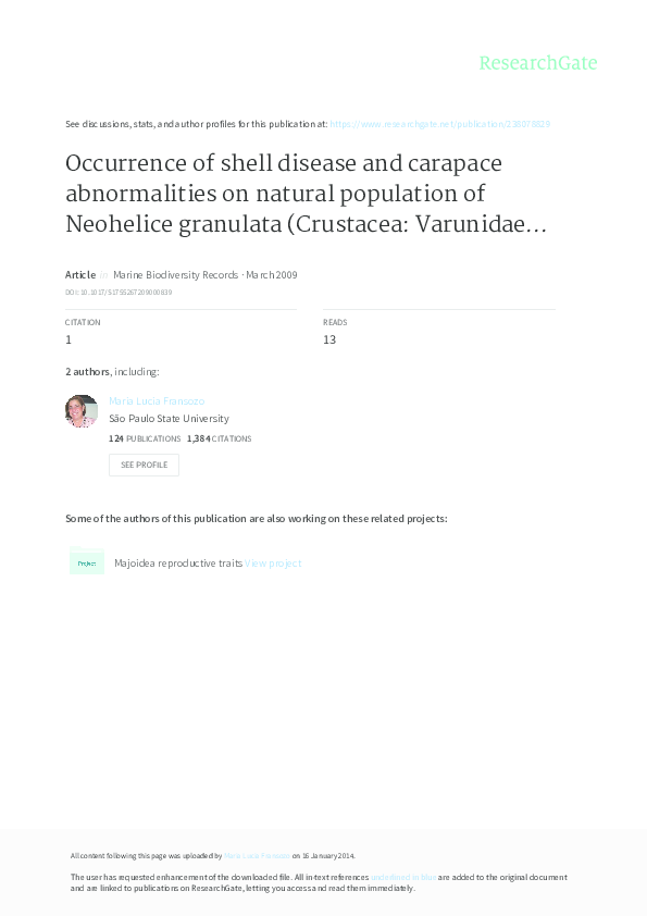 Pdf Occurrence Of Shell Disease And Carapace Abnormalities On Natural Population Of Neohelice Granulata Crustacea Varunidae From A Tropical Mangrove Forest Brazil Maria Lucia Negreiros Fransozo Academia Edu