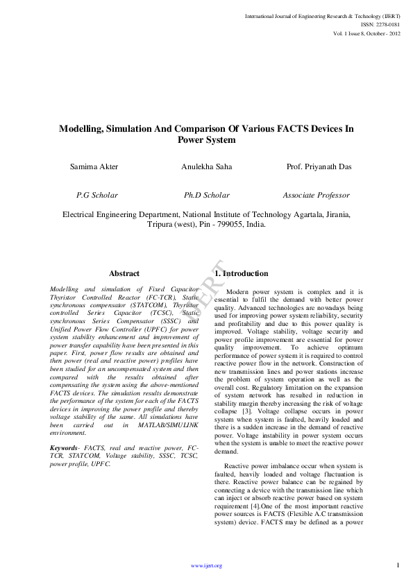 (PDF) Modelling, Simulation And Comparison Of Various FACTS Devices In