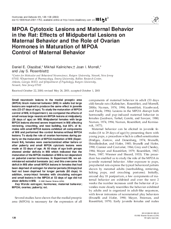 (PDF) MPOA cytotoxic lesions and maternal behavior in the rat: Effects ...