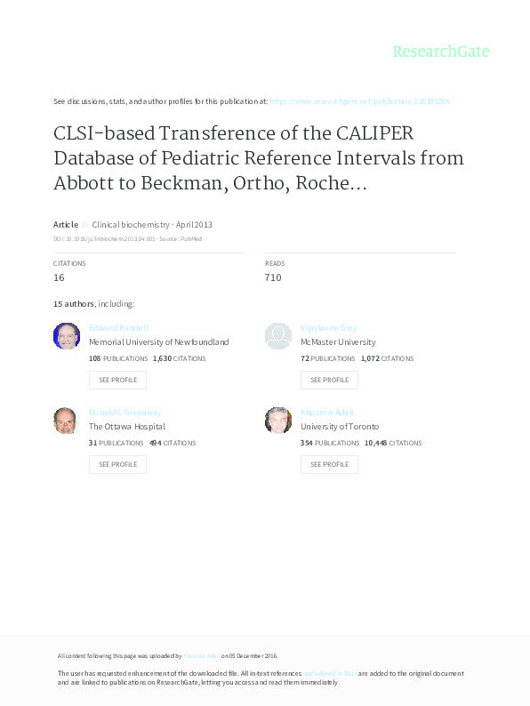 (PDF) CLSIbased transference of the CALIPER database of pediatric