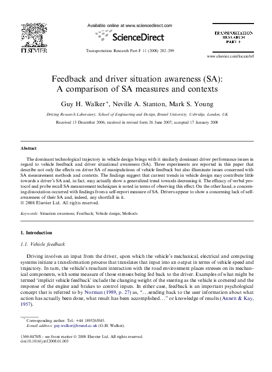 (PDF) Feedback and driver situation awareness (SA): A comparison of SA ...
