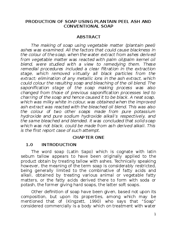 (DOC) PRODUCTION OF SOAP USING PLANTAIN PEEL ASH AND CONVENTIONAL SOAP