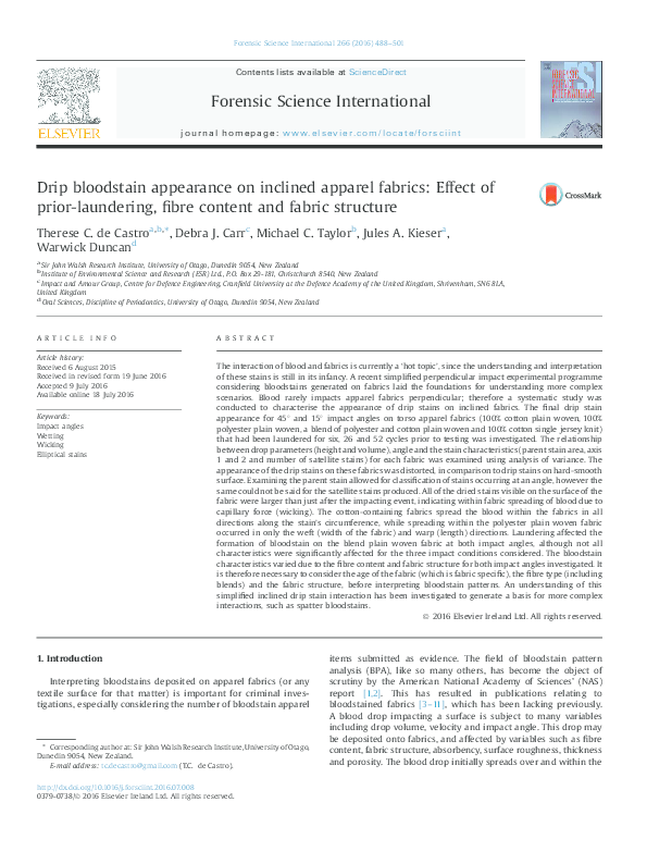 (PDF) Drip bloodstain appearance on inclined apparel fabrics: Effect of ...