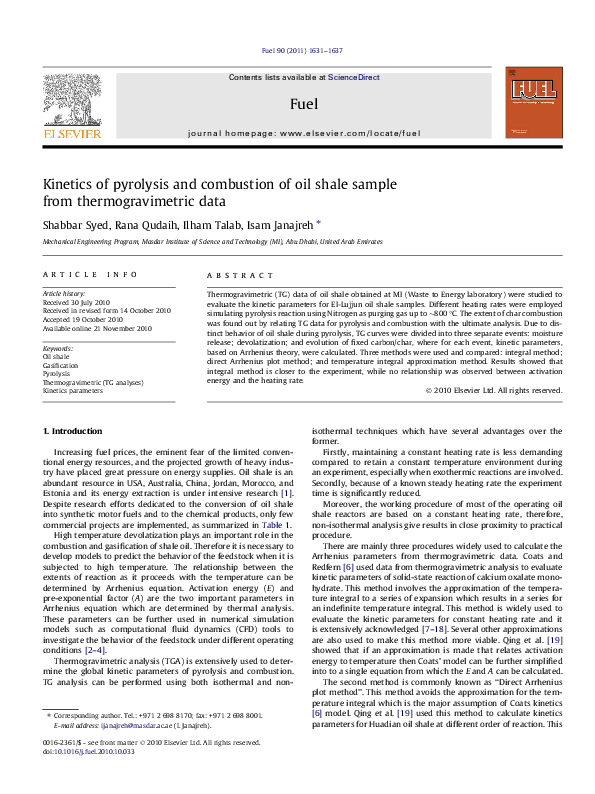 PDF) Kinetics of pyrolysis and combustion of oil shale sample from