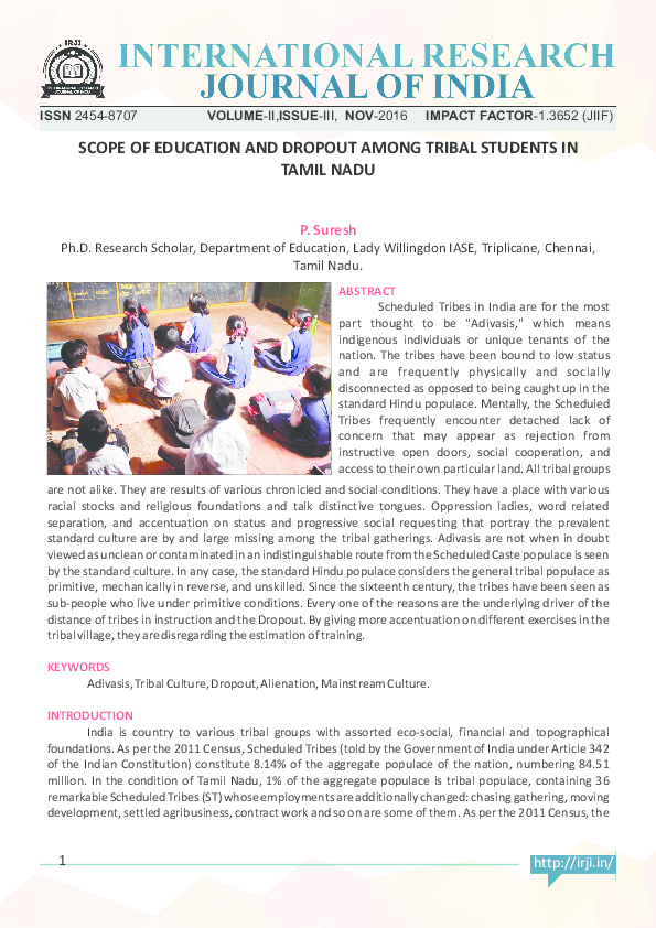 (PDF) SCOPE OF EDUCATION AND DROPOUT AMONG TRIBAL STUDENTS IN TAMIL NADU