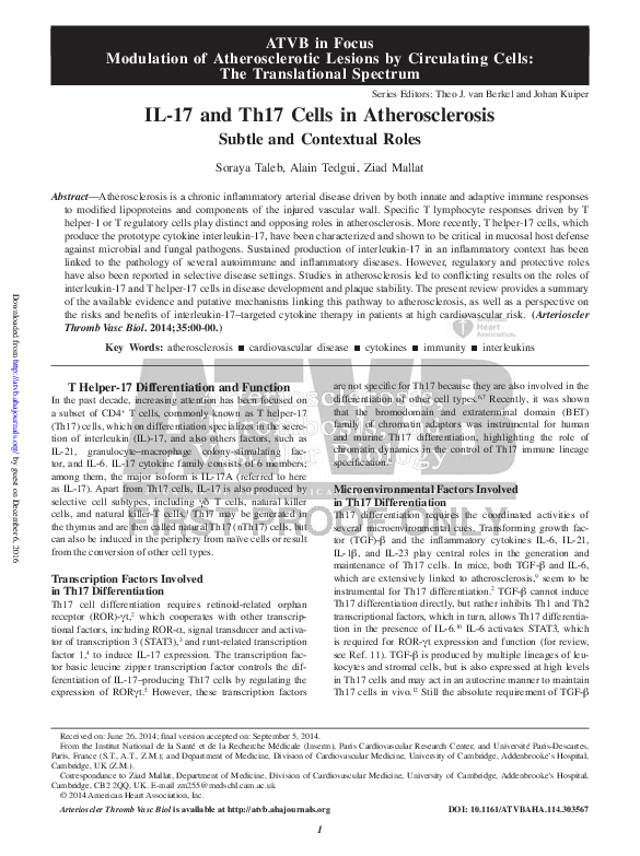 (PDF) IL-17 and Th17 cells in atherosclerosis: subtle and contextual roles