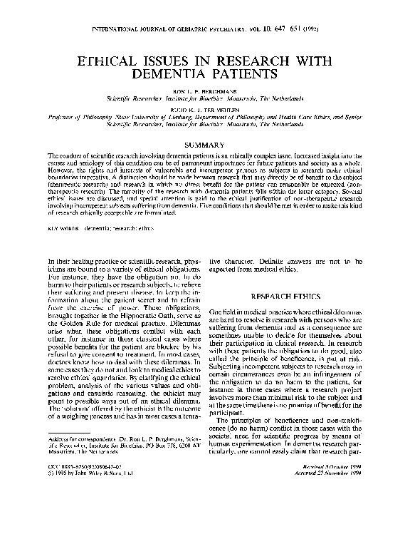 (PDF) Ethical issues in research with dementia patients