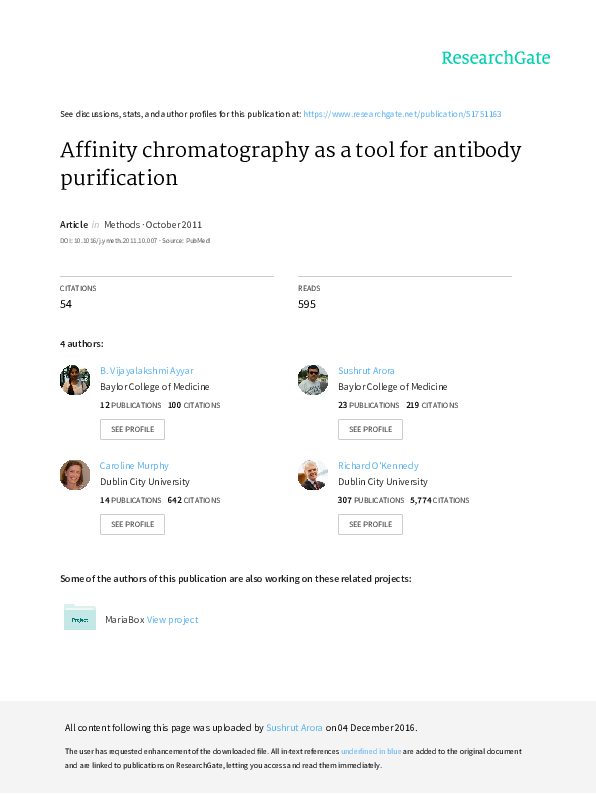 (PDF) Affinity chromatography as a tool for antibody purification