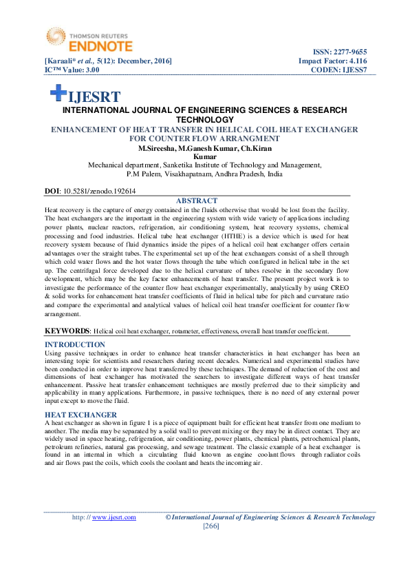 (PDF) ENHANCEMENT OF HEAT TRANSFER IN HELICAL COIL HEAT EXCHANGER FOR ...