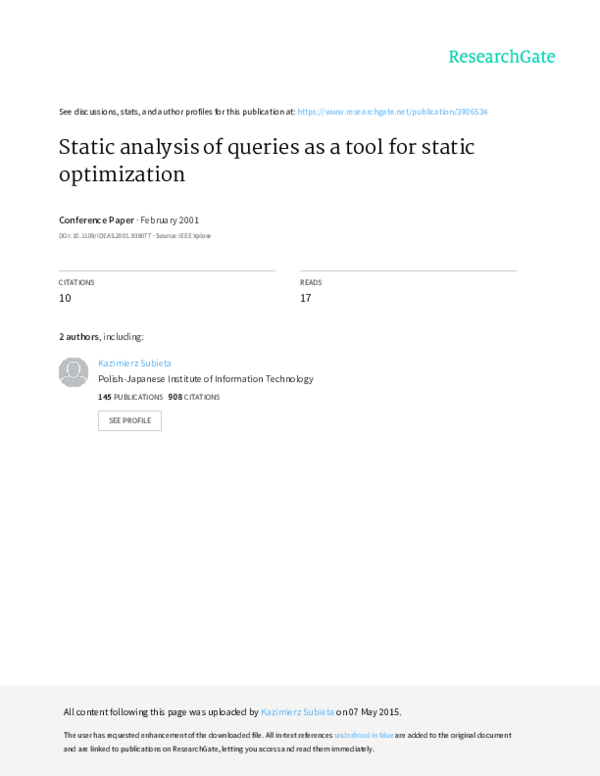 (PDF) Static analysis of queries as a tool for static optimization