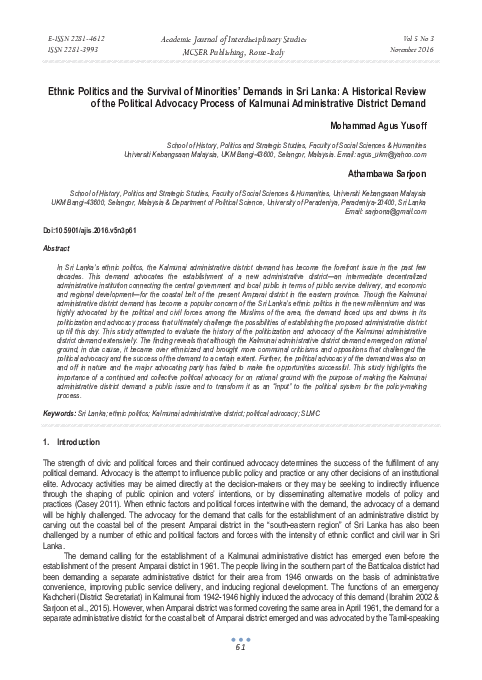 (PDF) Ethnic Politics and the Survival of Minorities' Demands in Sri ...