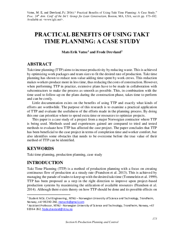 (PDF) Practical Benefits of Using Takt Time Planning: A Case Study