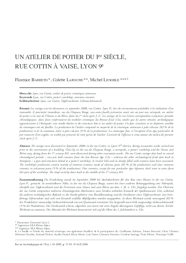 (PDF) Un atelier de potier du Ier siècle, rue Cottin à Vaise, Lyon 9e