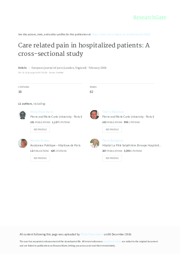 Pdf Care Related Pain In Hospitalized Patients A Cross Sectional Study Laurence Salomon Academia Edu