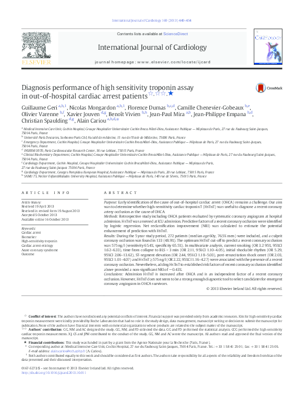(PDF) Diagnosis performance of high sensitivity troponin assay in out ...