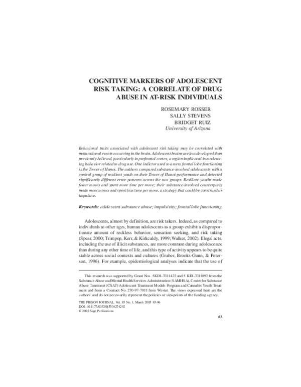 (PDF) Cognitive markers of adolescent risk taking: A correlate of drug ...