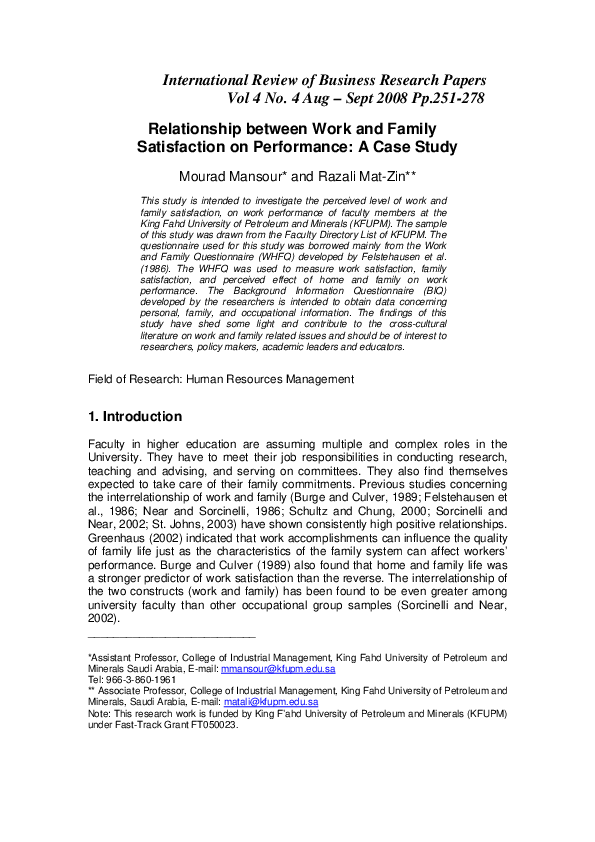 (PDF) Relationship between Work and Family Satisfaction on Performance ...