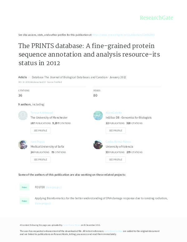 (PDF) The PRINTS database a finegrained protein sequence annotation