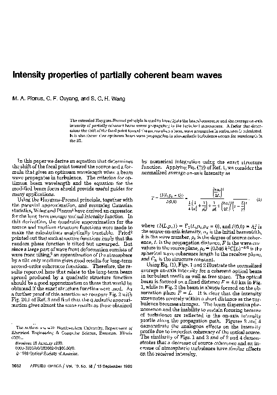 (PDF) Intensity properties of partially coherent beam waves