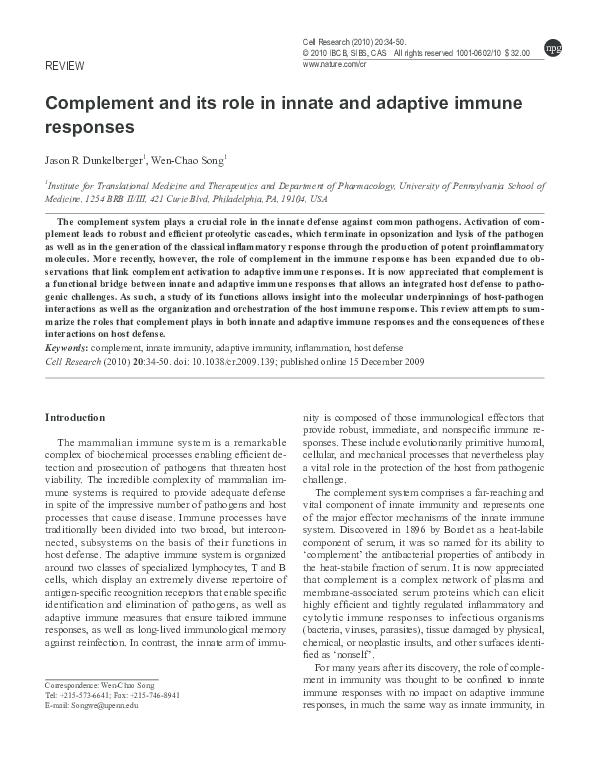 (PDF) Complement and its role in innate and adaptive immune responses