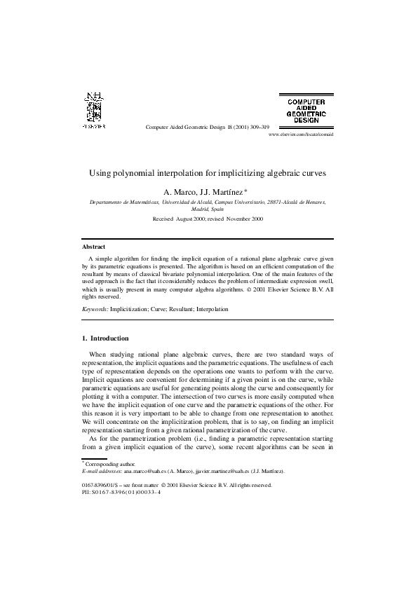 (PDF) Using polynomial interpolation for implicitizing algebraic curves