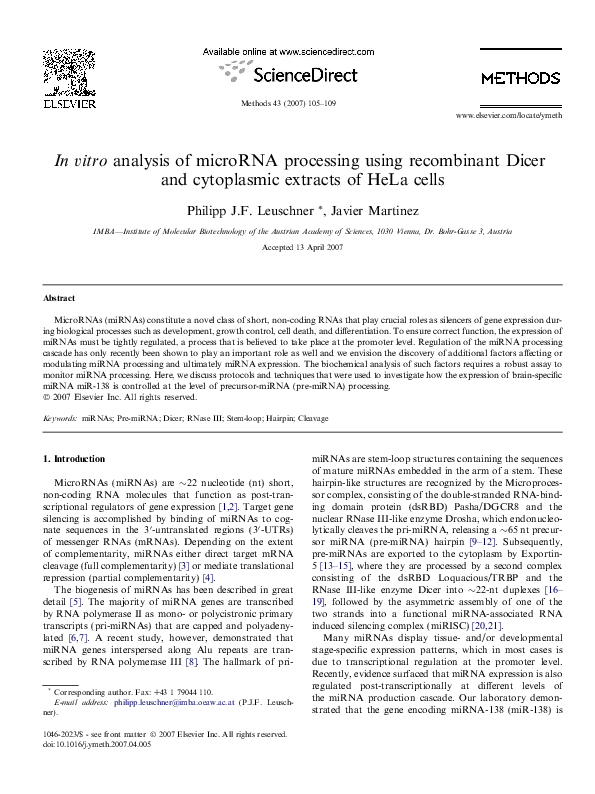 (PDF) In vitro analysis of microRNA processing using recombinant Dicer ...