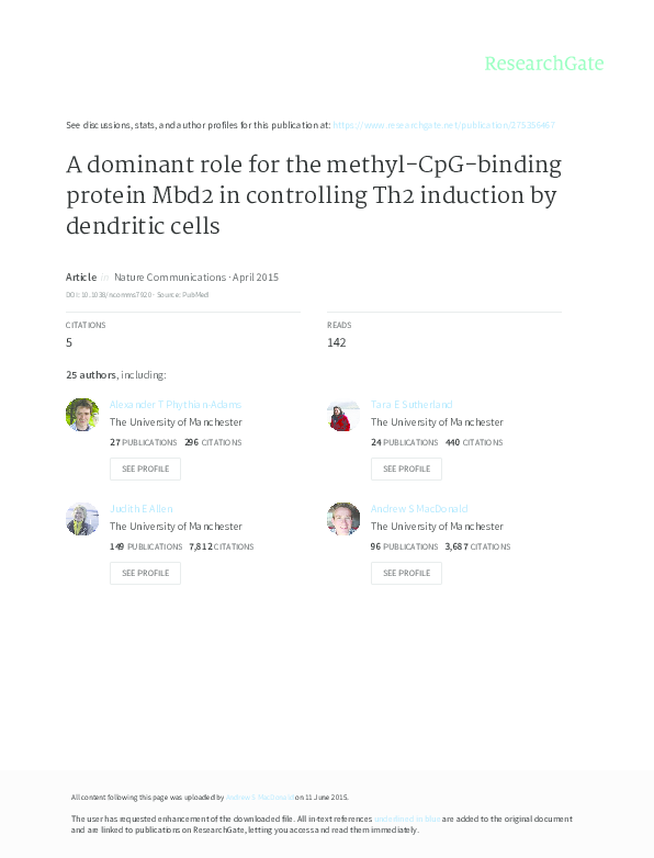 (PDF) A dominant role for the methyl-CpG-binding protein Mbd2 in ...