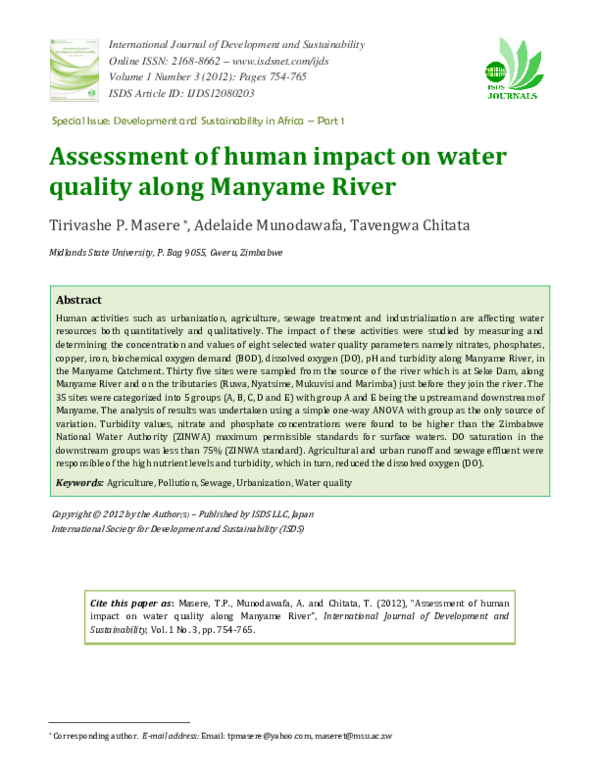 (PDF) Assessment of human impact on water quality along Manyame River