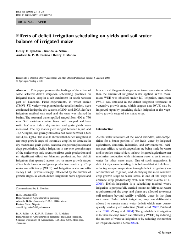 (PDF) Effects of deficit irrigation scheduling on yields and soil water ...