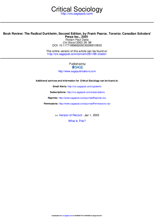 Pdf Book Review The Radical Durkheim Second Edition By Frank Pearce Toronto Canadian Scholars Press Inc 01 Ronjon Paul Datta Phd Ma Bahons Bth Academia Edu