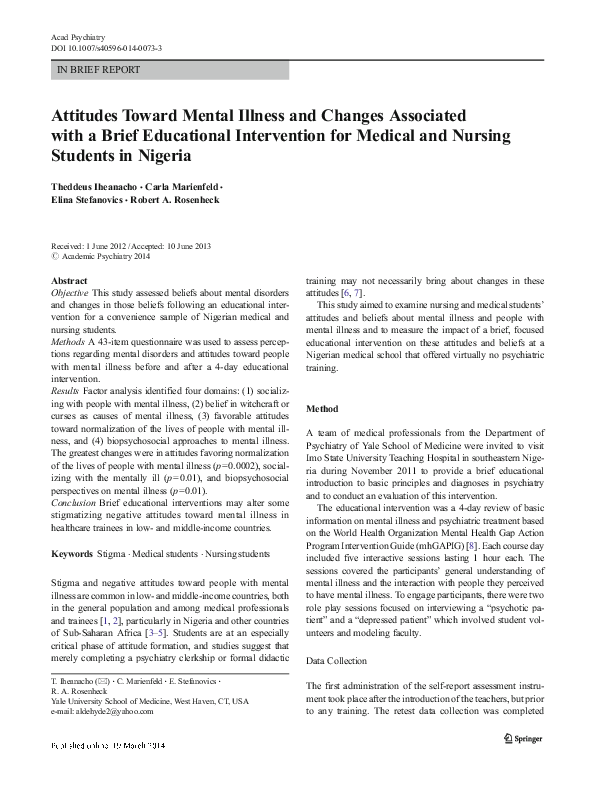(PDF) Attitudes Toward Mental Illness and Changes Associated with a ...