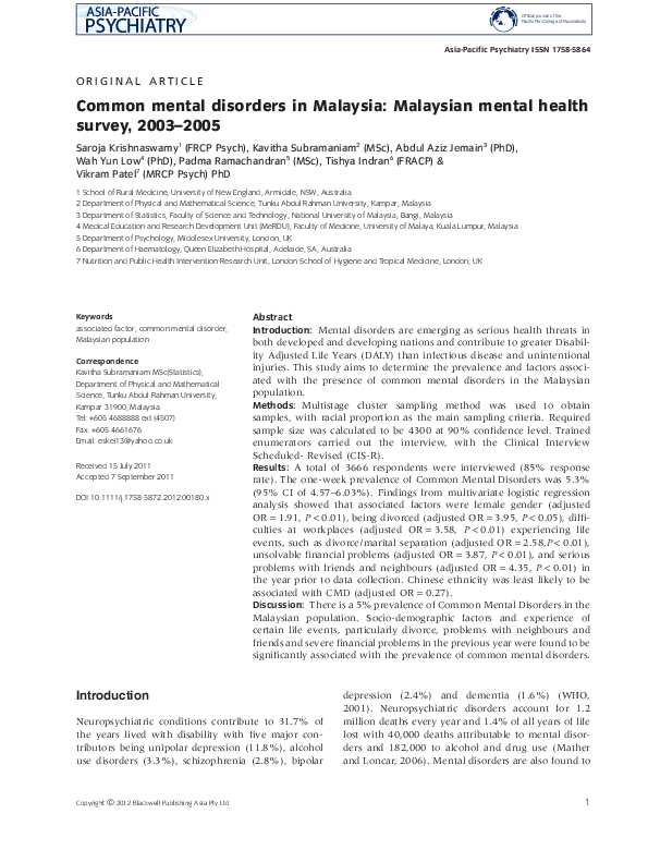 (PDF) Common mental disorders in Malaysia: Malaysian mental health ...