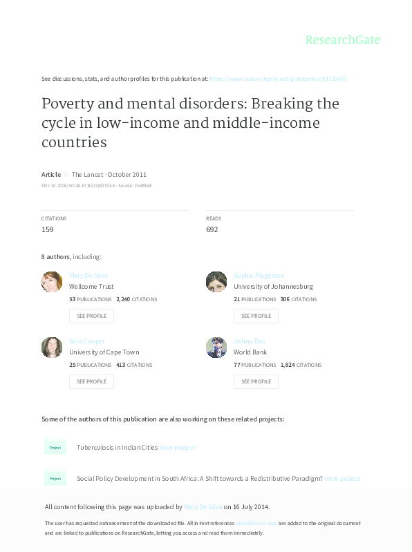 (PDF) Poverty and mental disorders: breaking the cycle in low-income ...