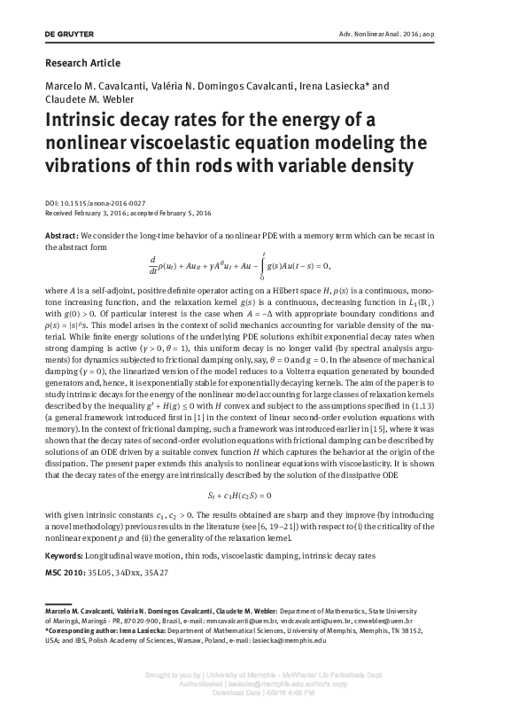(PDF) Intrinsic decay rates for the energy of a nonlinear viscoelastic ...