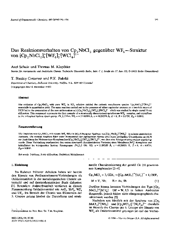 (PDF) Das Reaktionsverhalten von Cp2NbCl2 gegenüber WF6—Struktur von ...