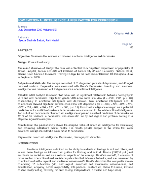 Doc Low Emotional Intelligence A Risk Factor For Depression Ruhi Khalid Academia Edu