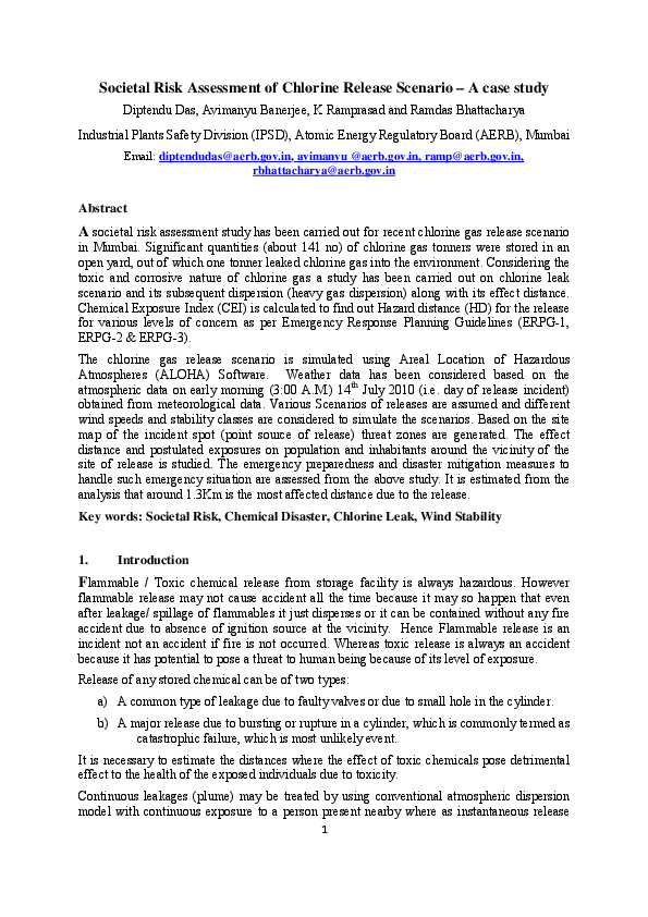 (PDF) Societal Risk Assessment of Chlorine Release Scenario A case