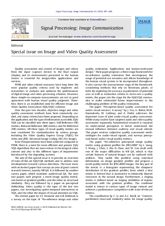 (PDF) Special issue on Image and Video Quality Assessment