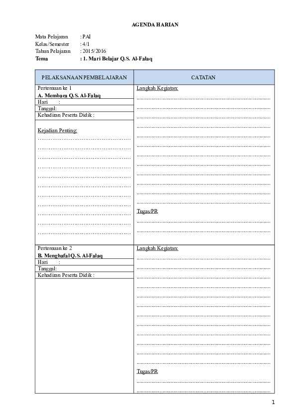 Agenda Harian Guru Mata Pelajaran Pai Berbagai Mata