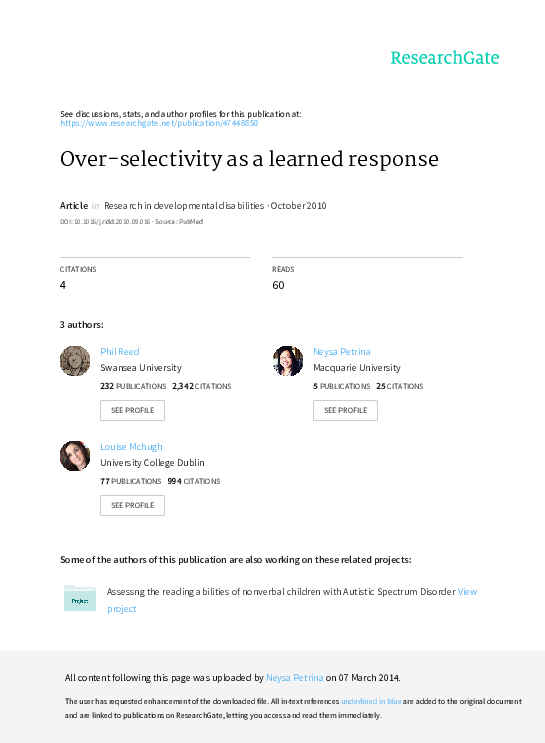 (PDF) Overselectivity as a learned response Neysa Petrina Academia.edu