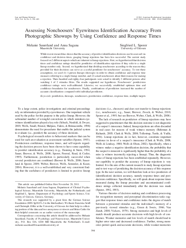 (PDF) Assessing nonchoosers' eyewitness identification accuracy from ...